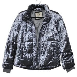 CI SONO | Metallic Silver Crushed Velvet Plush Quilted Zip Up Puffer Jacket M